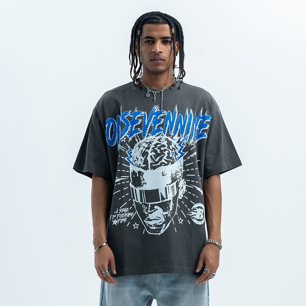 Brain print t-shirt creepy cartoon top monster tee in Grey