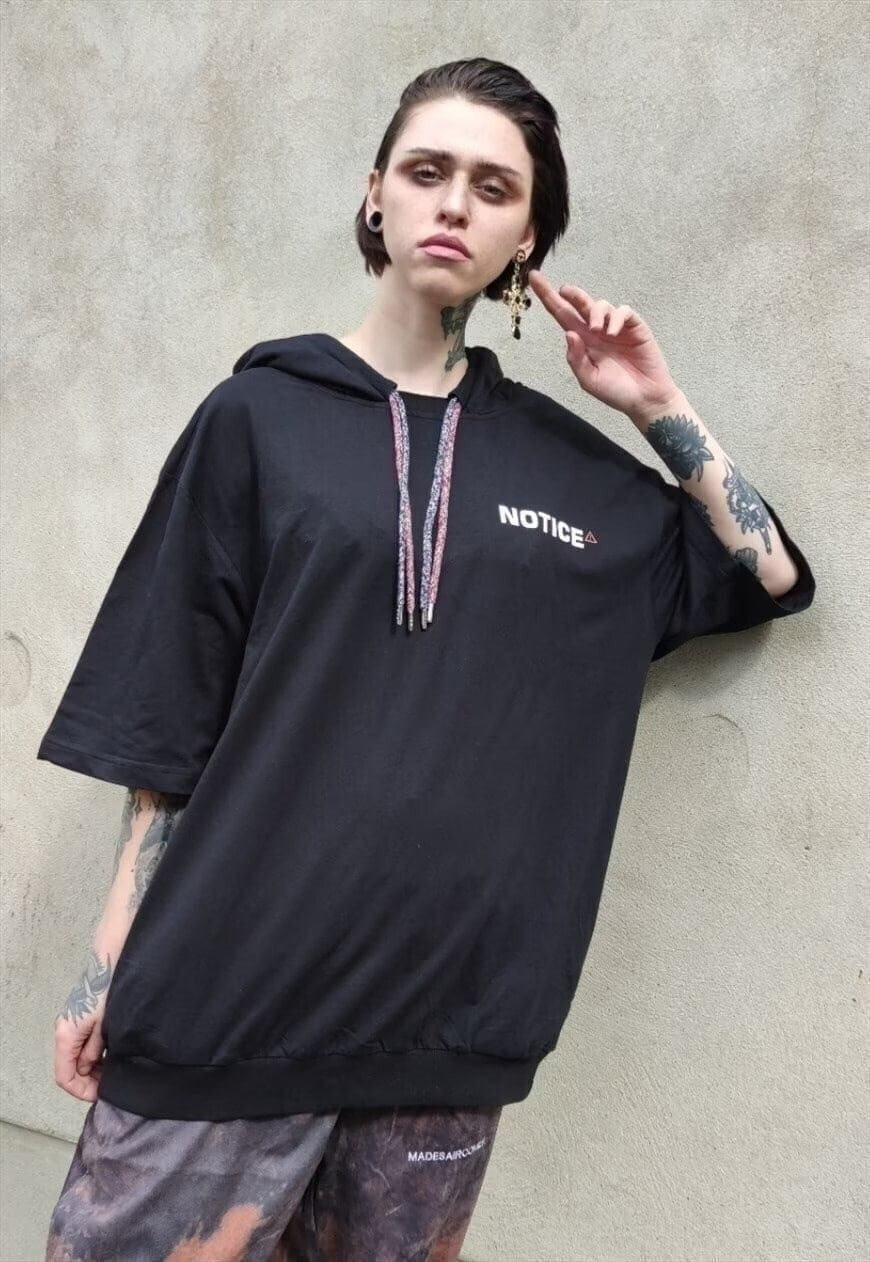 Half sleeve oversized hoodie double lace pullover in black