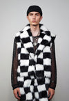 Checked faux fur short coat black plaid fuzzy trench jacket