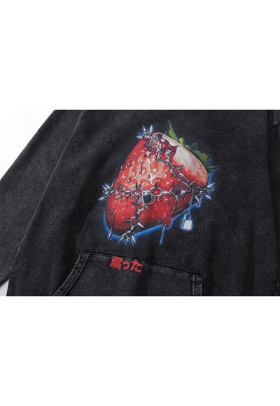 Chain print hoodie strawberry pullover grunge top in grey