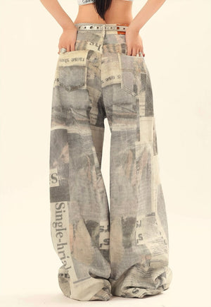 Newspaper print jeans graffiti denim pants bleached trousers