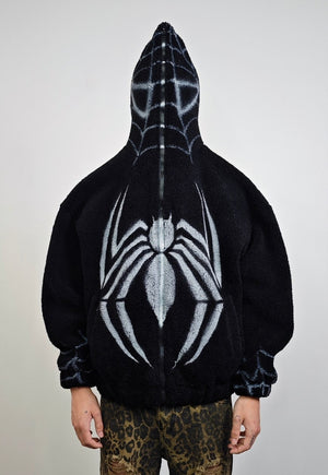 Gothic fleece jacket spider graffiti fluffy bomber punk coat