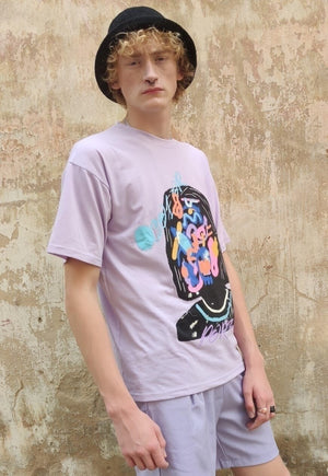 Abstract print t-shirt thin graffiti tee in purple