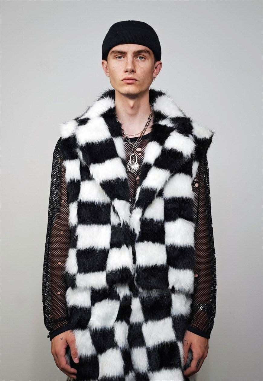 SKA check trench coat faux fur cropped plaid hooded jacket