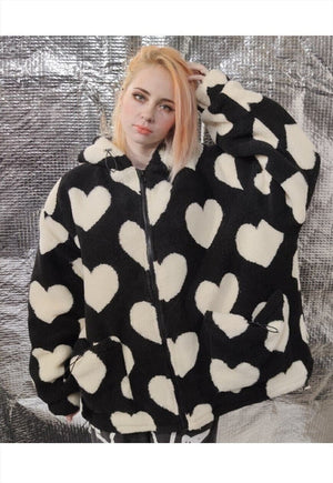 Heart fleece jacket animal faux fur love emoji bomber black