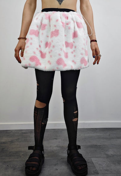 Cow skirt pink white cropped plush skater skirt fleece