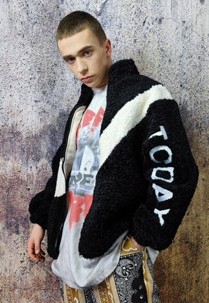 Contrast fleece jacket fluffy retro bomber in black cream