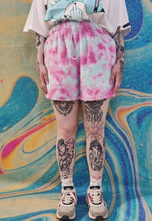 Tie-dye fleece shorts handmade gradient overalls in pink