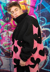 Heart fleece handmade love emoji bomber jacket in pink black