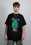 Raver print t-shirt techno tee futuristic cyber top in black