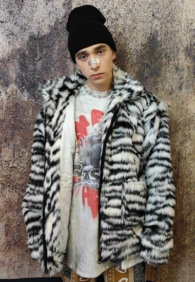 Tiger fleece jacket faux fur zebra fluffy bomber in white