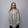 Sequin shirt glitter blouse shiny jumper long sleeve textured top embellished sweat party top button up retro festival top metallic silver