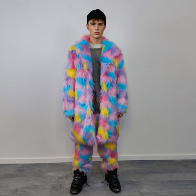 Marshmallow faux fur joggers raver pants fluffy rainbow trousers ski fleece tie-dye unicorn overalls festival bottoms burning man pants pink