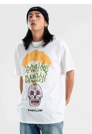 Skeleton print t-shirt bons tee skater skull top in White