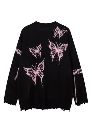 Distressed knitted jumper butterfly sweater ripped top black