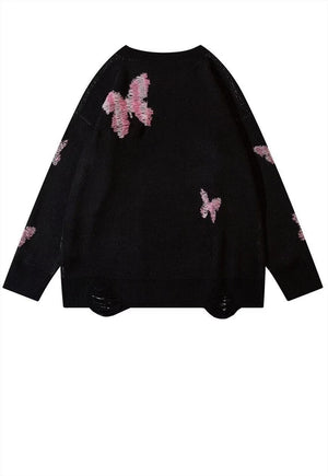 Ripped sweater knitted butterfly jumper distressed top black