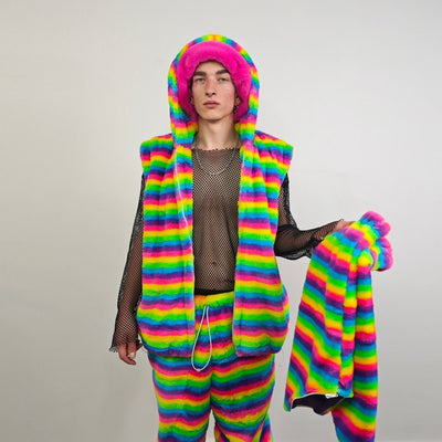 Striped rainbow fleece jacket psychedelic hood festival glitch rave bomber carnival overcoat LGBT jumper gay pride pullover burning man top