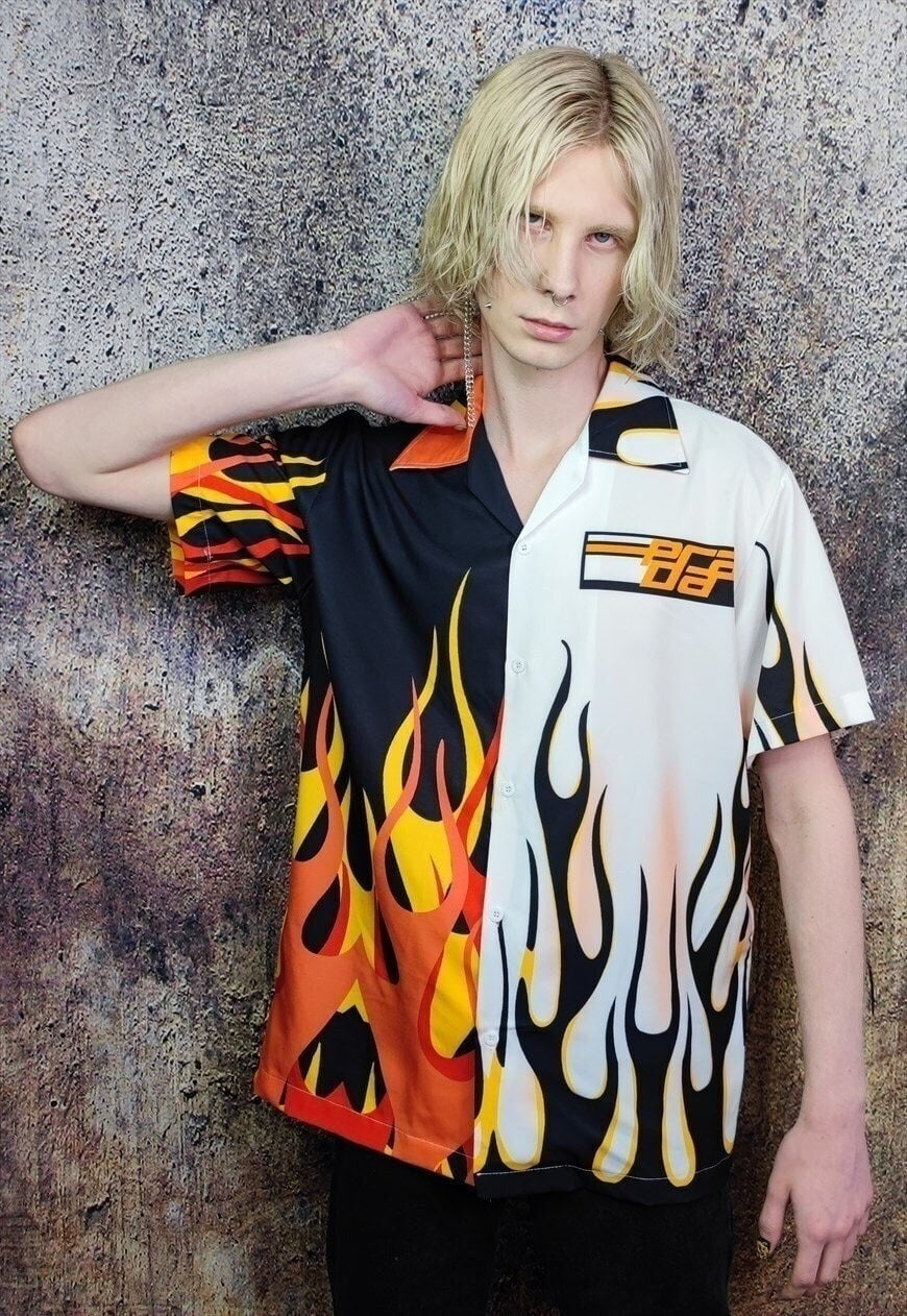 Racer shirt flame print short sleeve top in white red