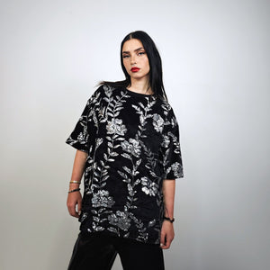 Silver sequin embellished floral tshirt luxury embroidered top daffodils print tee shiny luminous going out fancy dress party pullover black