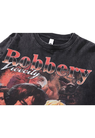 Vintage movie t-shirt long sleeve robber slogan top in grey