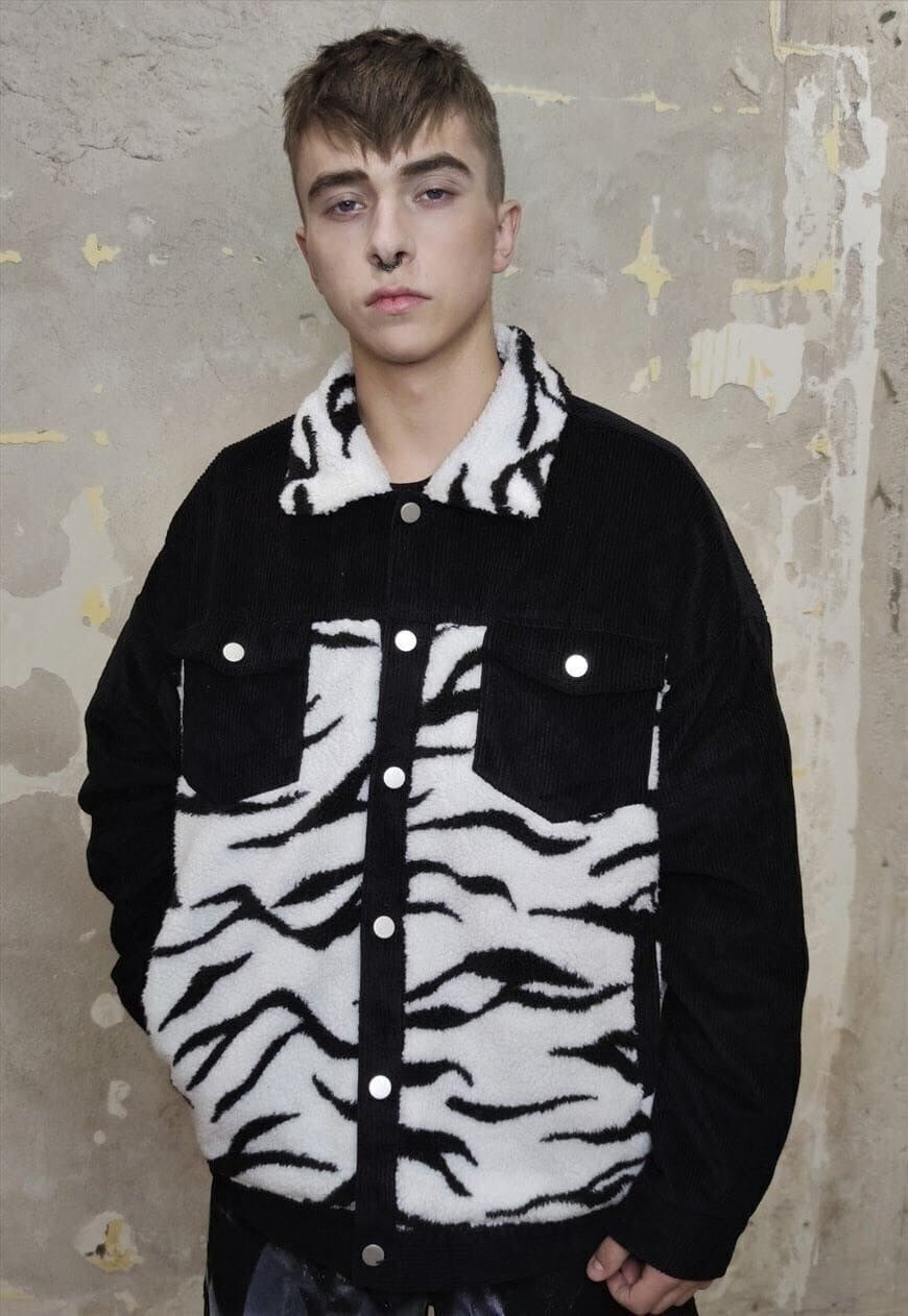 Reworked animal print jacket zebra fleece patch bomber black