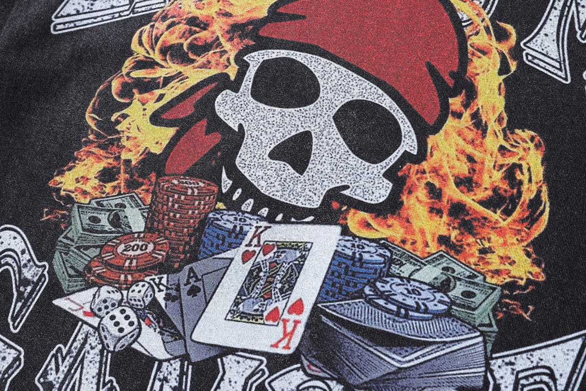 Pirate cartoon t-shirt gamble slogan tee retro top in vintage grey