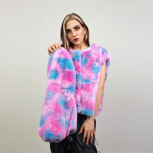 Pink tie-dye fleece coat short abstract collarless jacket gradient trench fluffy detachable sleeves handmade festival overcoat burning man