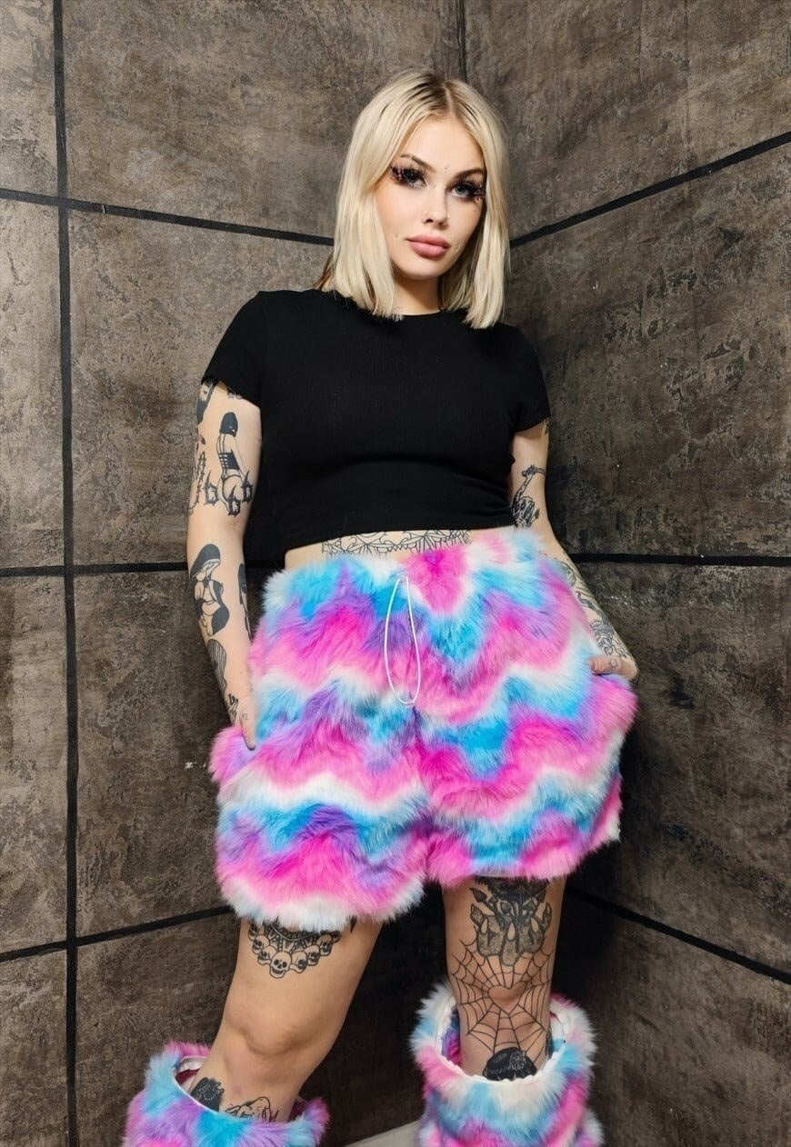 Faux fur rainbow joggers premium fleece detachable pants