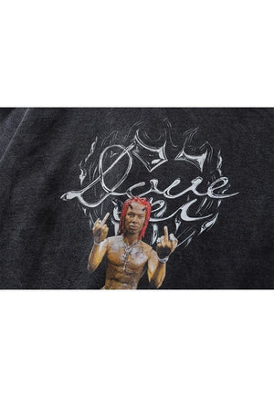 Rapper print hoodie grunge tattoo pullover hiphop top grey