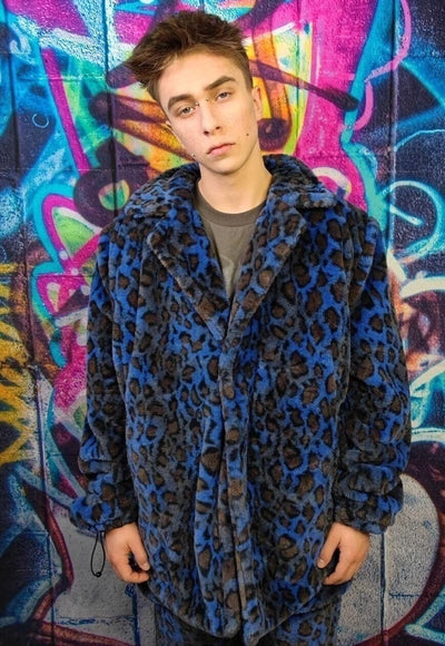 Leopard fleece coat handmade 2in1 tie-dye trench jacket blue