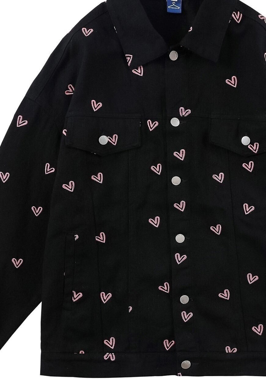 Heart embroidered denim jacket Love jean blazer in black