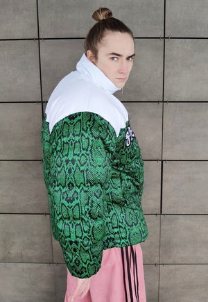 Snake print bomber python puffer jacket in green white