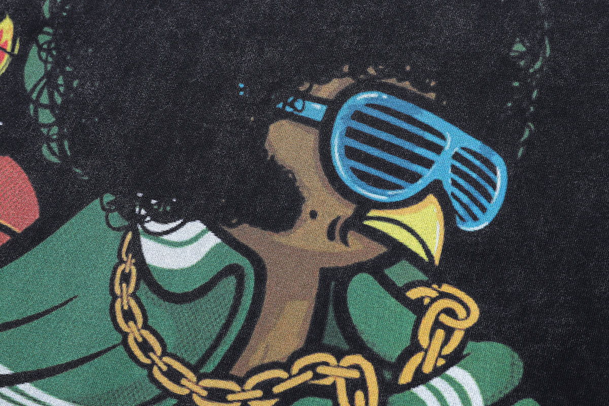 Hip-hop t-shirt gangster cartoon print tee retro rapper top in vintage grey