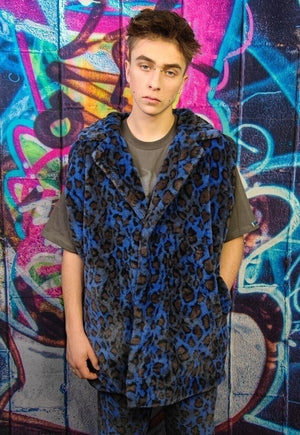 Leopard fleece coat handmade 2in1 tie-dye trench jacket blue