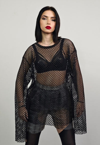 Oversize mesh top black transparent netted thin punk jumper