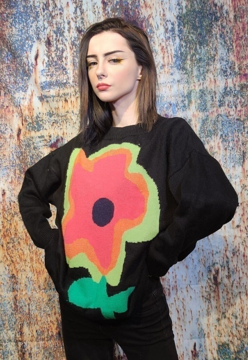 Daisy knitwear sweater floral knitted top y2k jumper Black