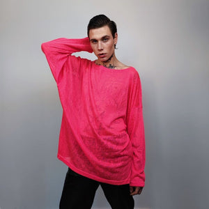 Deep V-neck sheer top revealing transparent sweatshirt cut out neck long sleeve see-through t-shirt rocker jumper edgy baggy tee in pink