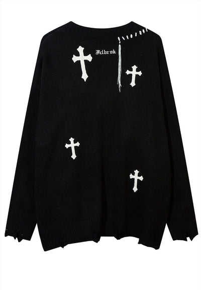 Cross patch cardigan knitted ripped jumper distressed top