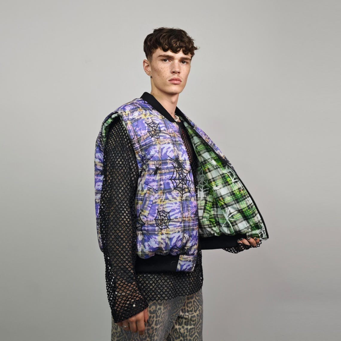 Spider web print jacket purple tie-dye bomber plaid check puffer punk reversible college varsity detachable sleeves handmade tartan coat