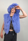 Shaggy fur coat blue collarless cropped trench rave festival