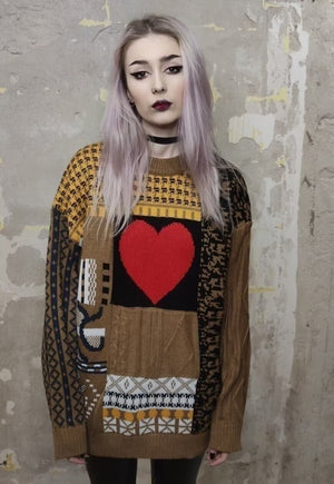 Heart pattern sweater love vintage cable knit jumper brown