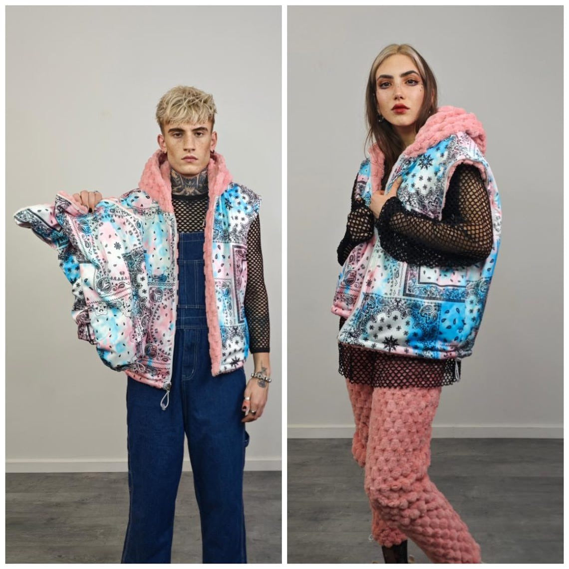 Pink paisley jacket reversible fleece hood bandanna bomber retro geometric cashew coat detachable sleeve overcoat fluffy tiedye festival set