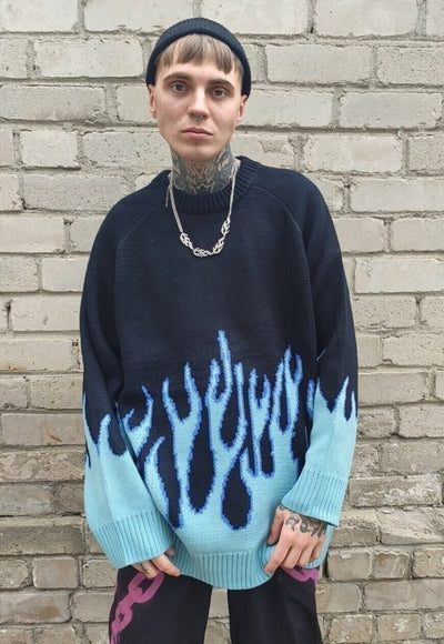 Flame print sweater fire knitted Korean jumper in black blue