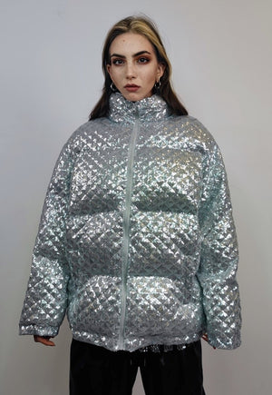 Sequin bomber jacket silver metallic embellished rave puffer