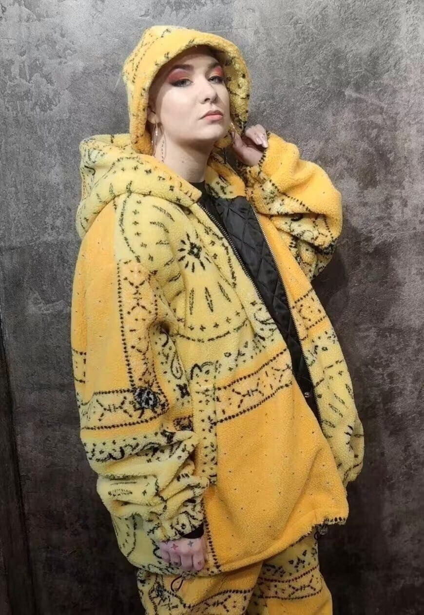Paisley fleece jacket yellow bandanna faux fur fluffy bomber