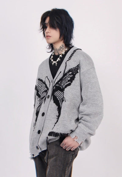 Gothic cardigan distressed jumper knitted butterfly top grey