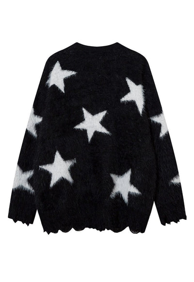 Fluffy sweater fuzzy jumper star print long hair top black