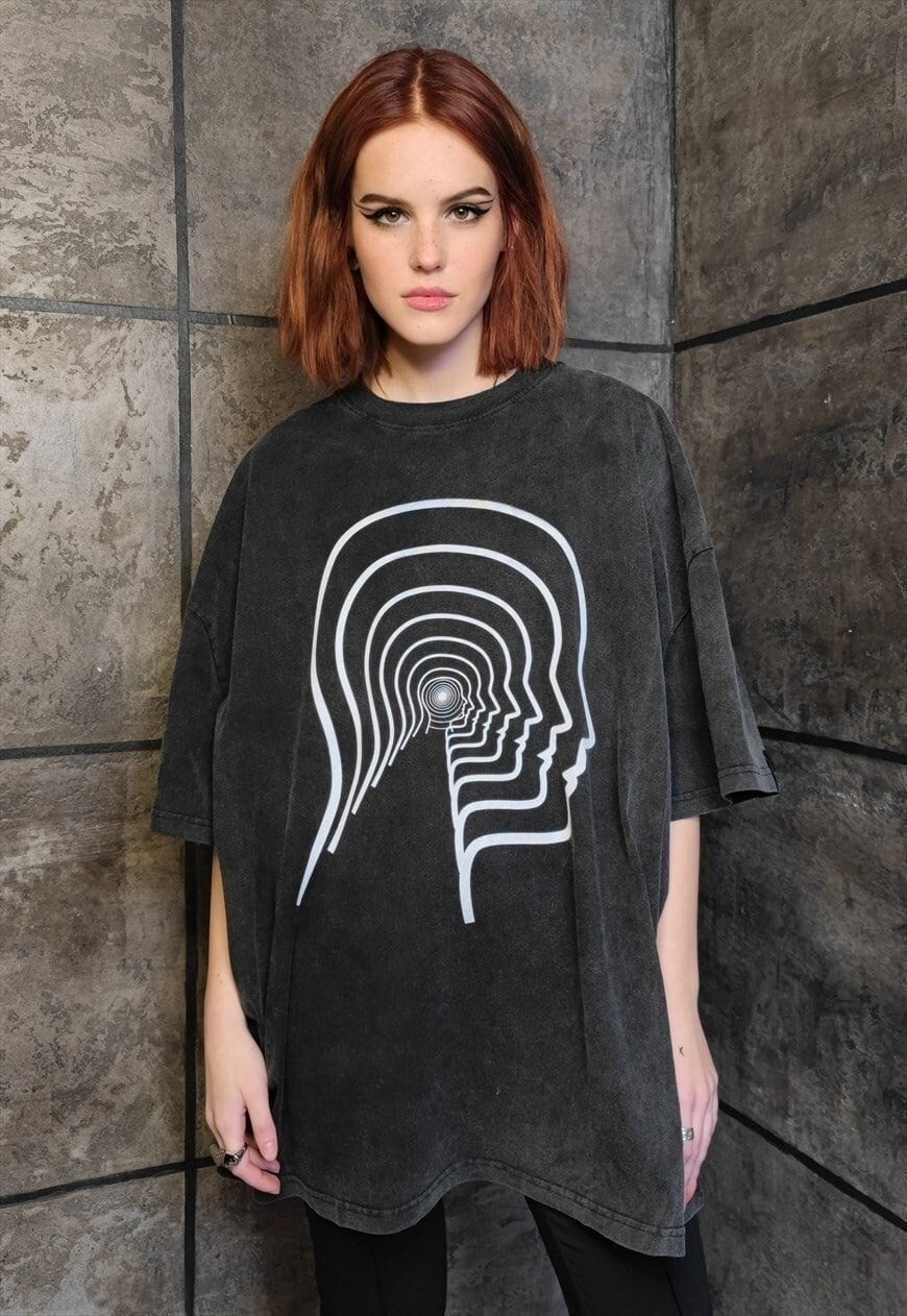 Psychedelic t-shirt geometric print top retro raver tee grey