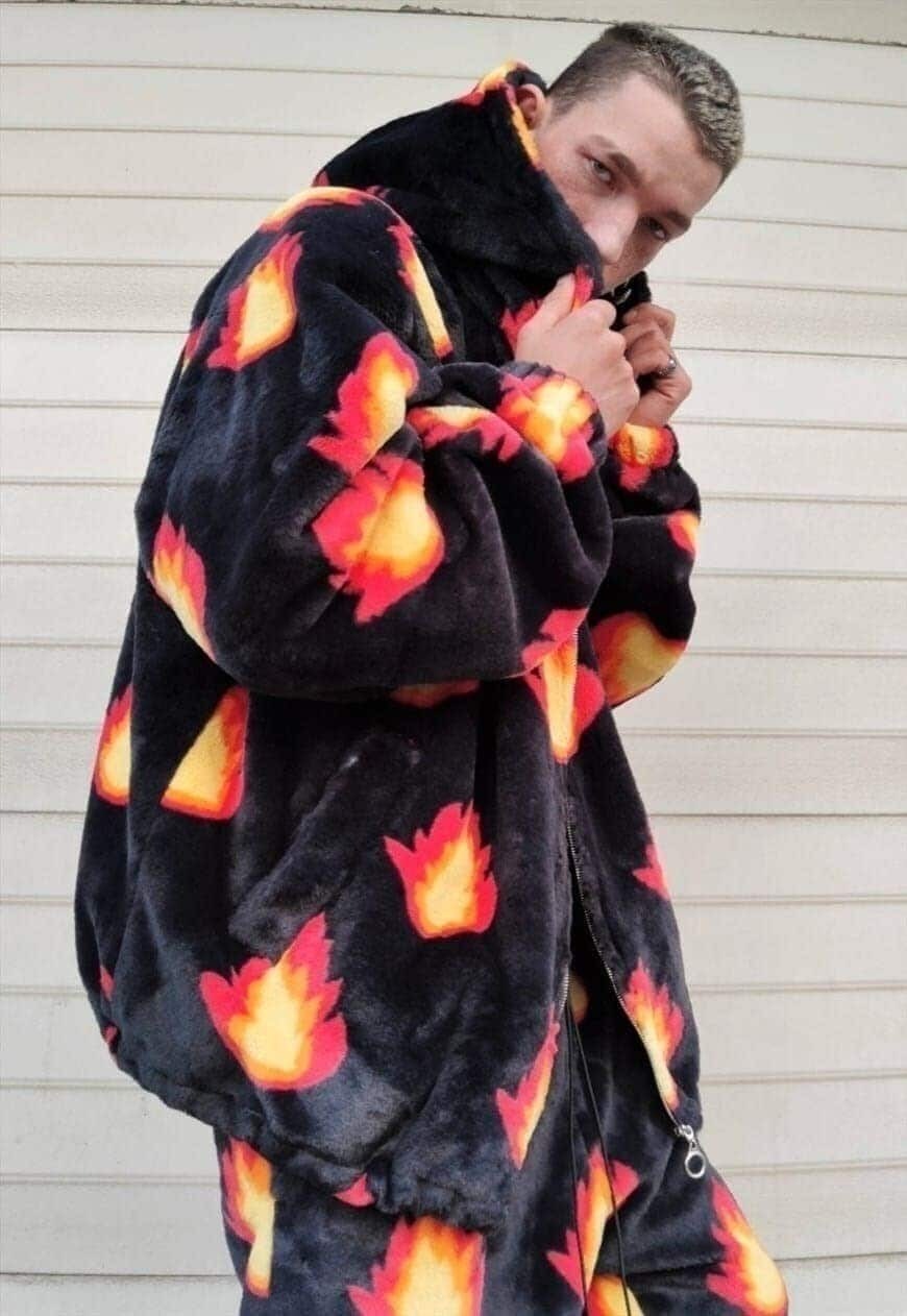 Flame fleece jacket hand made fire bolt hood bomber in black