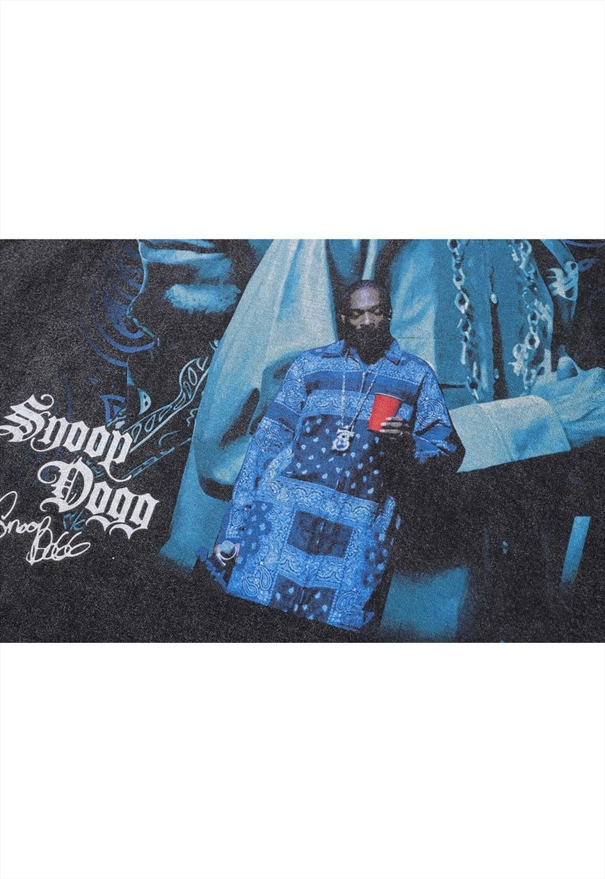 Vintage wash rapper t-shirt long hip-hop tee skater top grey